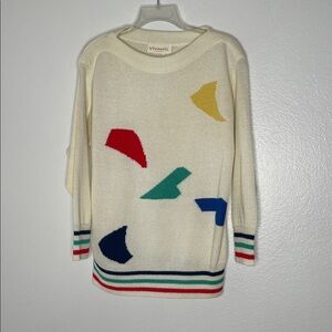 Vintage 80s Vivanti Geometric Knit Long Sleeve Ivory Sweater Women's Size 8